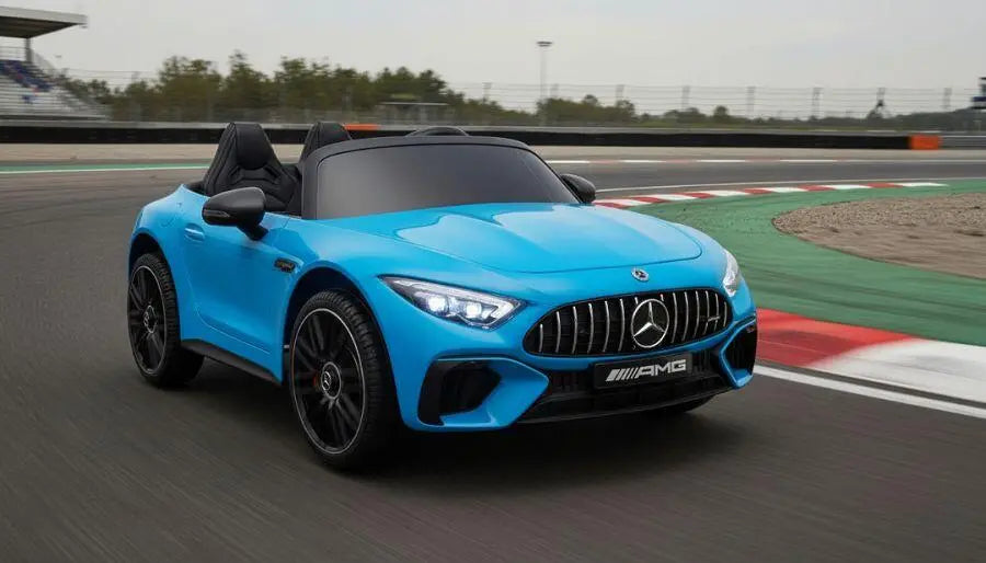 Mercedes SL63 AMG Kinder Elektroauto 24V in Blau – Lizenziert, Fernbedienung, Leder, EVA, MP3
