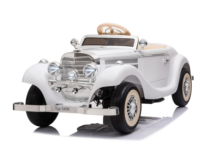 Mercedes-Benz 540K Oldtimer Elektroauto für Kinder in Weiß – Lizenziert mit Ledersitz, Musik, Fernsteuerung