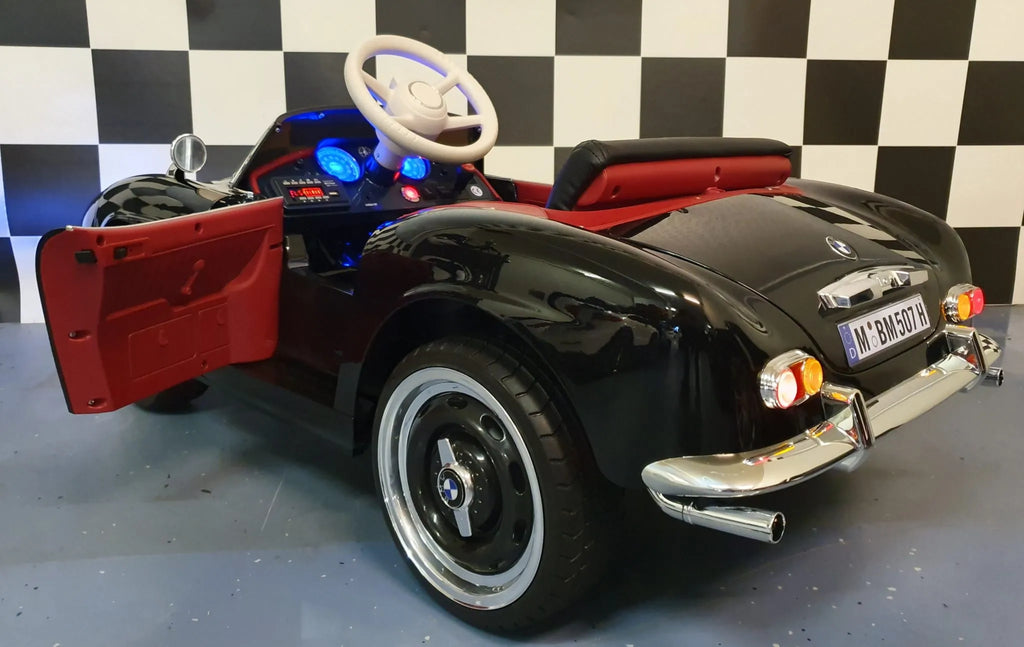 BMW 507 Kinder Oldtimer Elektroauto 12V – Lizenziert mit Ledersitz, MP3, Fernbedienung, 2x35W