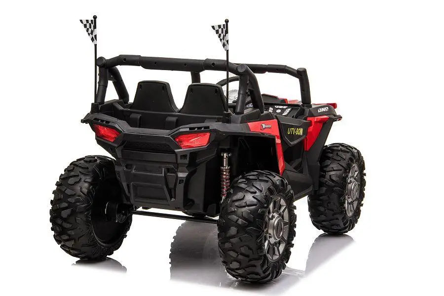 Kinderfahrzeug Elektro Auto Buggy 999  – 2-Sitzer, 4 Motoren, Fernsteuerung, Allrad, Leder, EVA