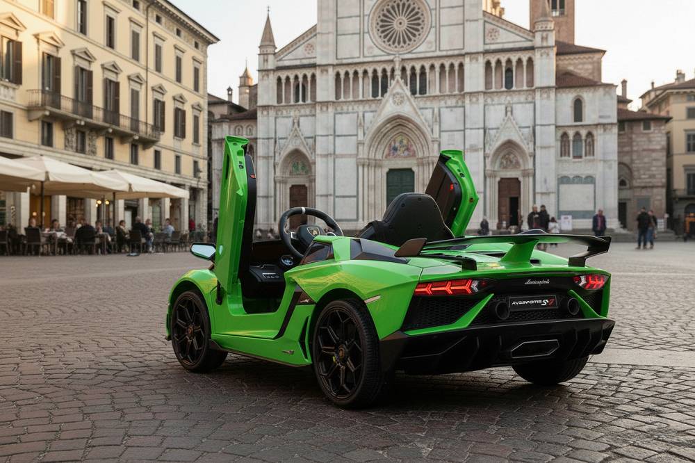 Lamborghini Aventador SVJ Kinderfahrzeug – lizenziert, 12V, 2 Motoren, Fernsteuerung, MP3, Ledersitz, EVA