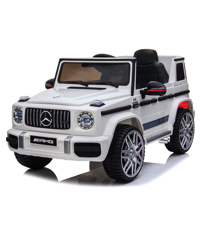 Mercedes G63 AMG Kinder Elektrofahrzeug in weiß mit Lithium Akku – lizenziert, Leder, EVA, Fernbedienung, Bluetooth, Federung