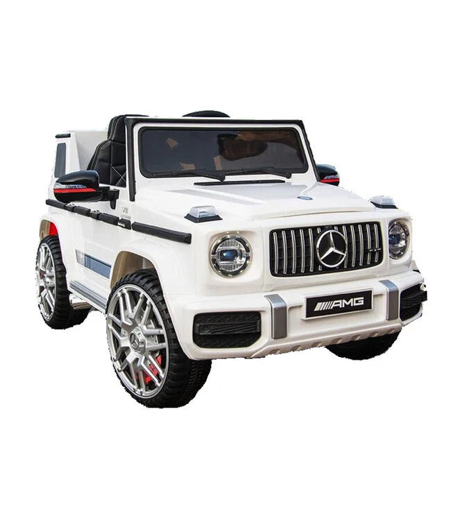 Mercedes G63 AMG Kinder Elektrofahrzeug in weiß mit Lithium Akku – lizenziert, Leder, EVA, Fernbedienung, Bluetooth, Federung
