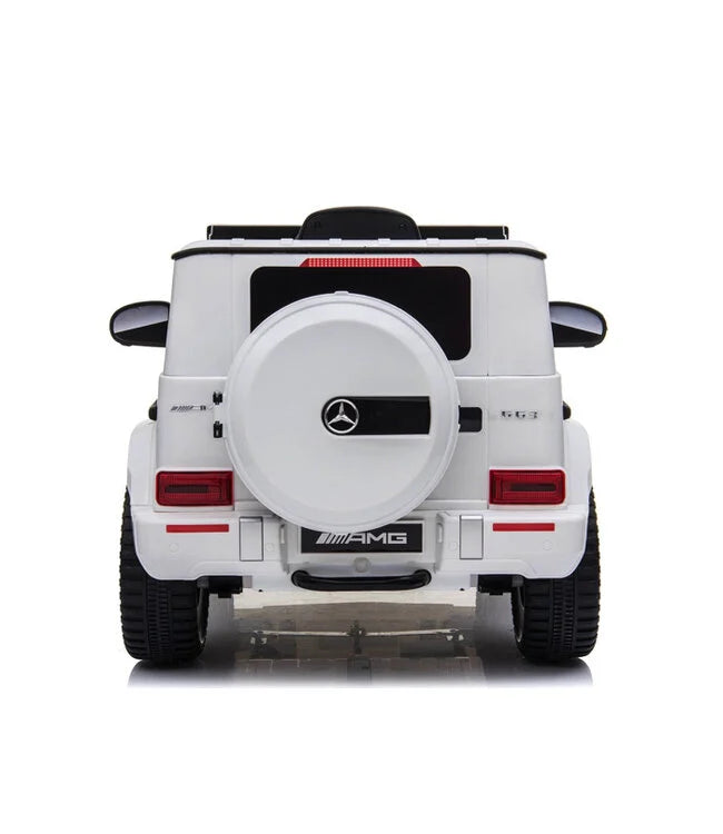 Mercedes G63 AMG Kinder Elektrofahrzeug in weiß mit Lithium Akku – lizenziert, Leder, EVA, Fernbedienung, Bluetooth, Federung